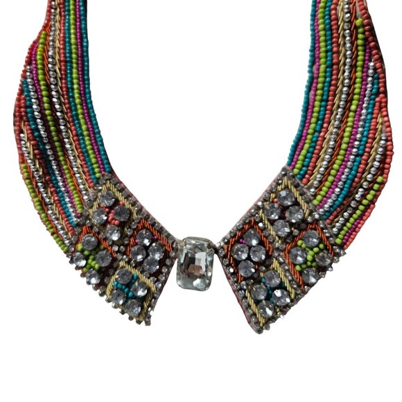 Hand Made Beaded Rhinestone Statement Bib Necklace African Inspired Boho Women - Picture 1 of 7